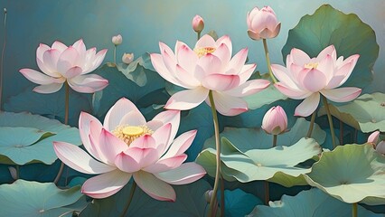 Green-leaved Lotus Flowers Growing in a Lake