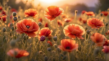 "Vibrant Poppy Flowers in Bloom Against a Sunset Sky"