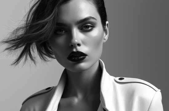 High-Fashion Bright Portrait with Bold Monochrome Styling. High-fashion campaigns, luxury branding, editorial magazine covers, artistic photography collections. Background, Banner, Poster