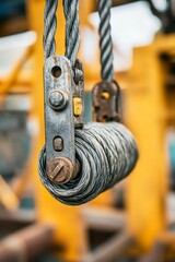 Metal pulley with wire and cable hanging.