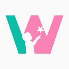 Initial Letter W Baby and Star Symbol For Kinds Logo Design