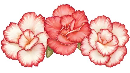 Exquisite watercolor artwork showcasing the vibrant beauty of lush red and white carnation blooms with delicate ruffled petals  set against a bright white background for a captivating floral display