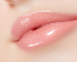 Glossy pink lips with soft shine and smooth texture, showcasing beauty