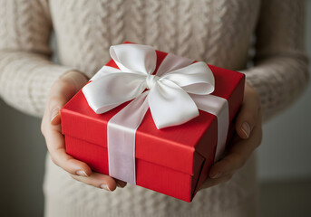 Woman Holding Red Gift Box with White Ribbon, Generative AI image, Person Giving Present, Generative AI image