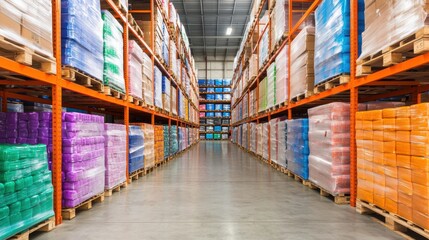 Fototapeta premium Colorful storage shelves filled with neatly stacked boxes in a modern warehouse environment