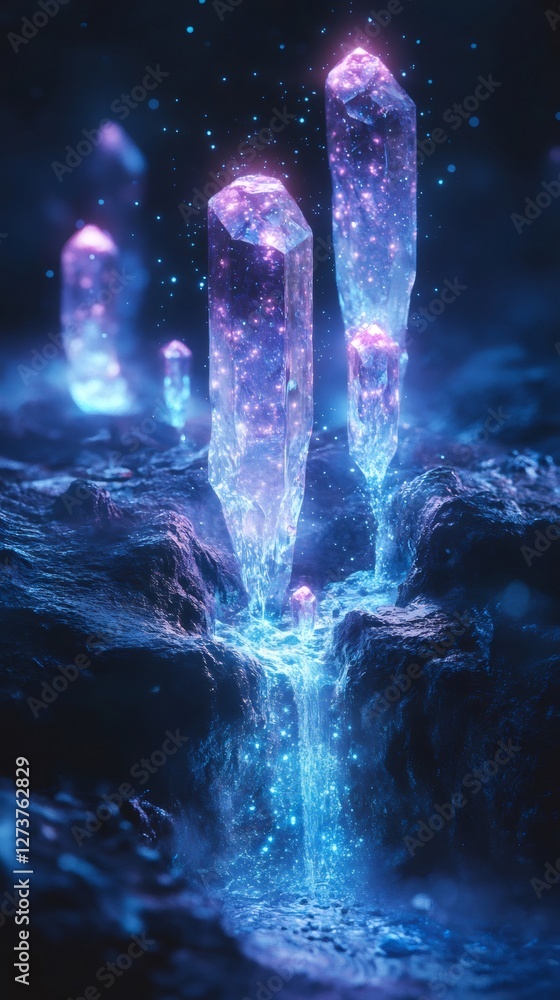 Poster glowing magical crystals generating luminescent waterfall streaming over shadowy rocks in ethereal f