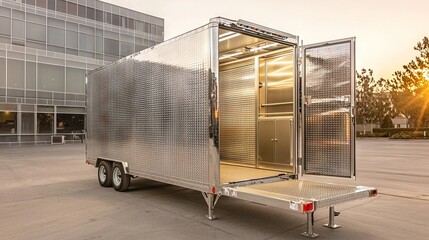 An open-top trailer, empty and attached to a vehicle, is great for carrying small equipment, tools, and materials for building, with a floor made of robust metal mesh
