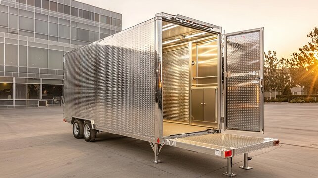 An open-top trailer, empty and attached to a vehicle, is great for carrying small equipment, tools, and materials for building, with a floor made of robust metal mesh