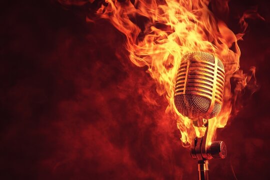 Vintage microphone engulfed in flames against a smoky backdrop