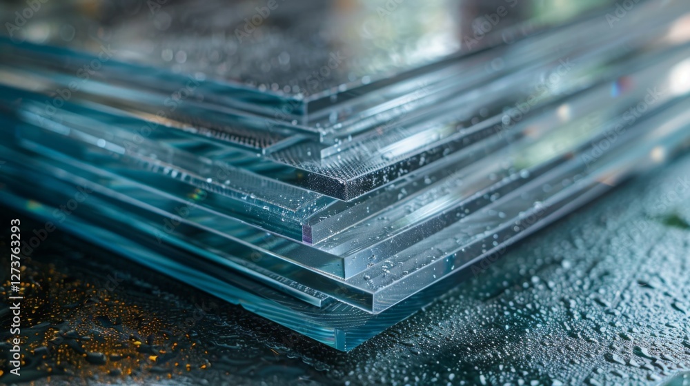 Poster multiple sheets of smooth glass lie stacked on top of one another, exhibiting droplets of water and 