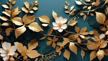Elegant Green Summer Background with Golden Metallic Wall Art - Vector Design