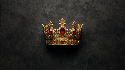 Golden crown adorned with red gemstones atop a textured dark background creating an elegant royal atmosphere