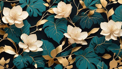 Elegant Green Summer Background with Golden Metallic Wall Art - Vector Design