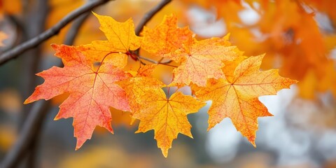 Vibrant orange and yellow maple leaf glows in focus against a softly blurred tree branch backdrop, radiating autumnal warmth as it leans right