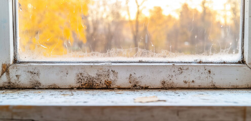 Dust collects on a neglected window sill with a blurred view of golden foliage and soft autumn light outside, conveying a feeling of time passing