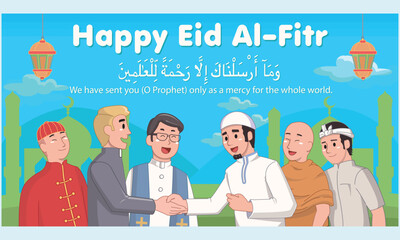 Happy Eid Al-Fitr vector poster illustration, multiple religion greeting to a moslem in tolerance, with islamic background