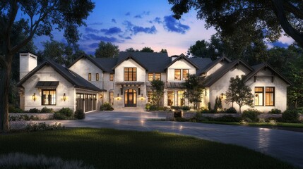 The suburban home's modern design is marked by a clean and minimalist approach, with a white facade and outdoor lighting that is fully integrated