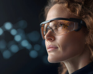 modern scientist wearing high tech goggles, focused on innovation