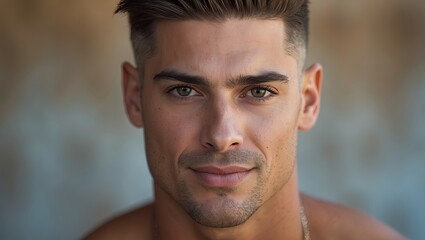 Obraz premium Portrait of a confident young man with striking features and a charming smile in a natural setting