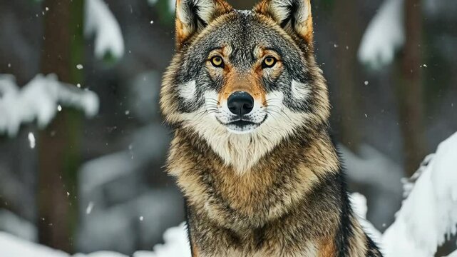 Majestic wolf sitting in the snow-covered forest during winter