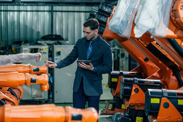 Technician inspecting robotic arms in an industrial setting, demonstrating advanced technology and...