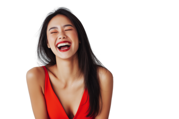  stylish Asian woman in red dress laughing isolated on transparent white background