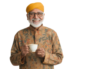 senior Indian man in traditional kurta holding cup of tea and smiling isolated on transparent white background