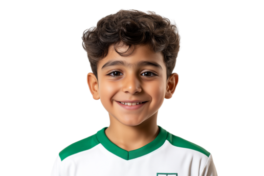 young Middle Eastern boy in soccer jersey smiling isolated on transparent white background