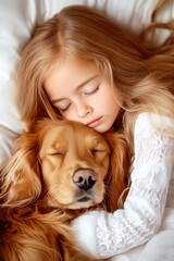 A serene scene of a child peacefully sleeping alongside a golden retriever, showcasing the bond between pets and children, Ideal for themes of friendship, comfort, and family love,