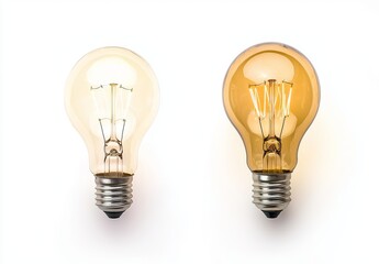 Innovation and idea concept is illustrated by a yellow light bulb in two states, off and on, isolated on a transparent background for clarity