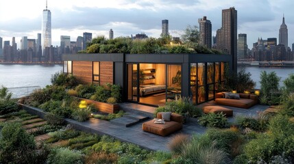 Fototapeta premium A modern rooftop garden with lush plants, cozy seating, and stunning city skyline views, offering a peaceful retreat in the bustling urban landscape.