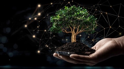 Futuristic network of environmental sustainability solutions and corporate responsibility concepts  Hand holding a growing tree symbolizing a holistic approach to renewable energy circular economy