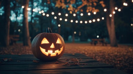 Fototapeta premium A warmly glowing carved pumpkin is nestled amongst festive string lights and autumn leaves, crafting a spooky yet cheerful atmosphere on Halloween