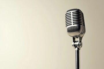 Fototapeta premium Vintage microphone stands on a silver pole against plain backdrop