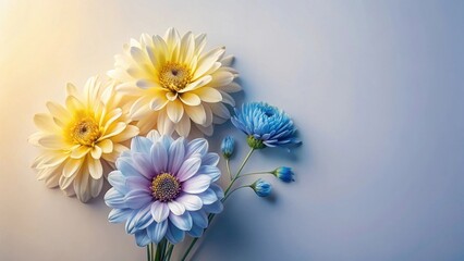 Pastel Floral Arrangement Delicate Yellow and Blue Flowers on a Soft Background