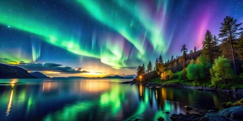 Naklejka premium A tranquil ocean scene under a stunning display of aurora borealis lights dancing across the night sky with lush green trees and hills in the foreground, peaceful atmosphere, vibrant colors