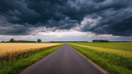 Fototapeta premium Dramatic Sky Over Open Fields with Road and Stormy Clouds in Background Capturing Nature's Beauty and Contrast