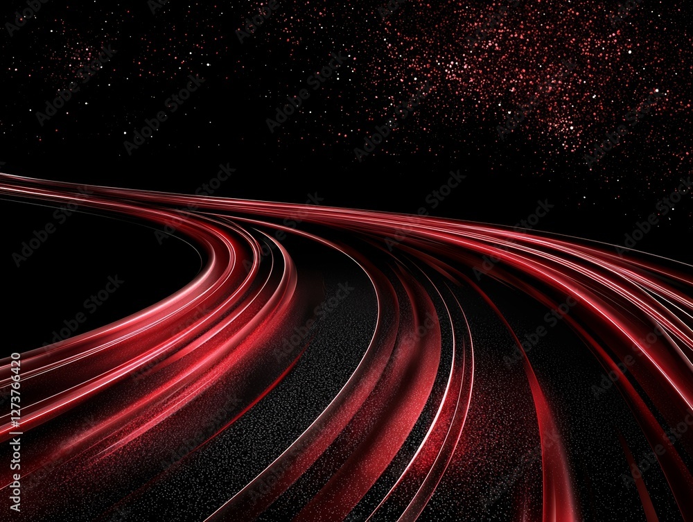 Poster the shape of an electric tunnel is taken by red light waves, which display glowing lines on a black 