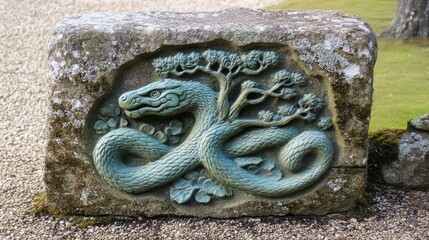 Stone Carving: Serpent Entwined with Bonsai Tree