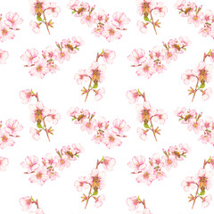 Naklejka premium Seamless pattern of hand-drawn watercolor illustration of fruit tree blossom with bees on flowers. Theme of farming, spring, bees, apiary, honey. Ideal for seasonal holidays, wedding, children's theme