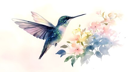 Obraz premium Graceful hummingbird in fluid watercolor style with iridescent greens blues and purples blending seamlessly against a soft dreamy background filled with a vibrant floral bouquet