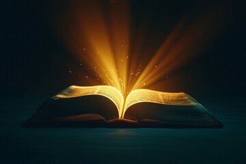 An open book aglow with an intense ray of light on a dark canvas, representing the pursuit of wisdom and enlightenment