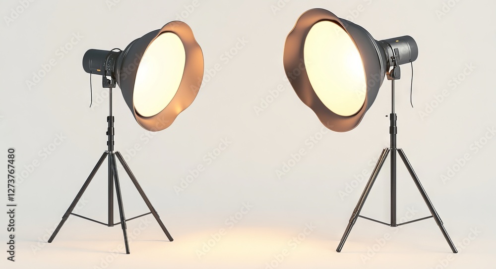 Poster a wide angle lens is used to capture a studio with two light stands on a white background, presented