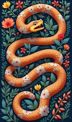 Fototapeta premium A vibrant and whimsical illustration of an orange snake entwined in colorful flowers, perfect for nature-themed designs, wildlife publications, or decorative crafts.