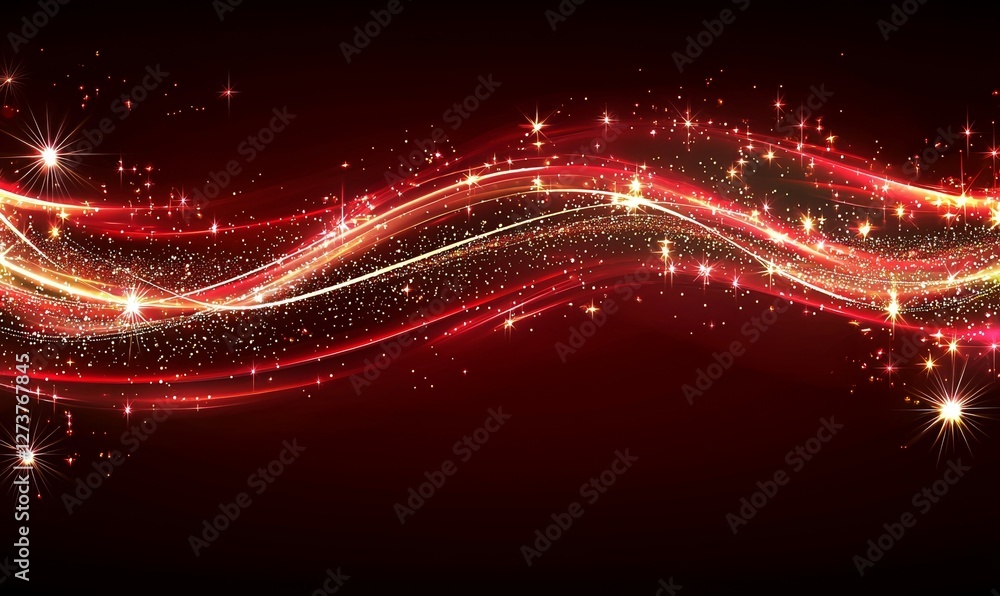 Poster the abstract background features festive red bokeh lights, blurred glitter particles, and a defocuse
