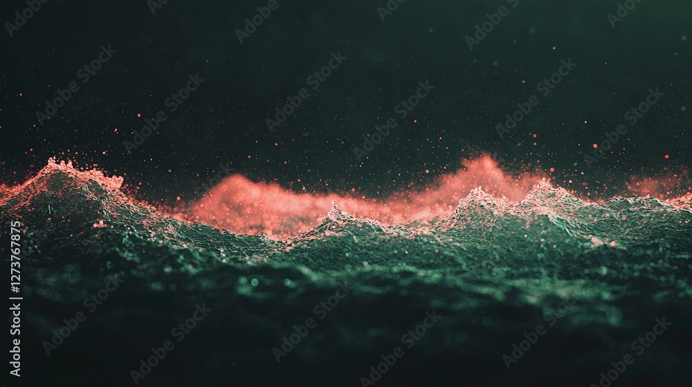 Poster glowing red fiber optic cables positioned against a dark background create a visually striking and a