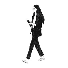 Obraz premium A cheerful woman walking phone illustration black vector