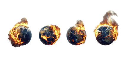 A set of four images depicting the Earth melting and burning, isolated on a white background with a clipping path.