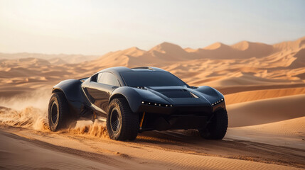 sleek electric vehicle navigates through vast desert landscape, showcasing its advanced design and off road capabilities. sun casts dramatic shadows sand dunes, highlighting vehicle futuristic