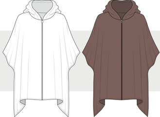 women's and kids hooded poncho with zipper, fashion flat sketch vector illustration, technical drawing template. cad mockup.